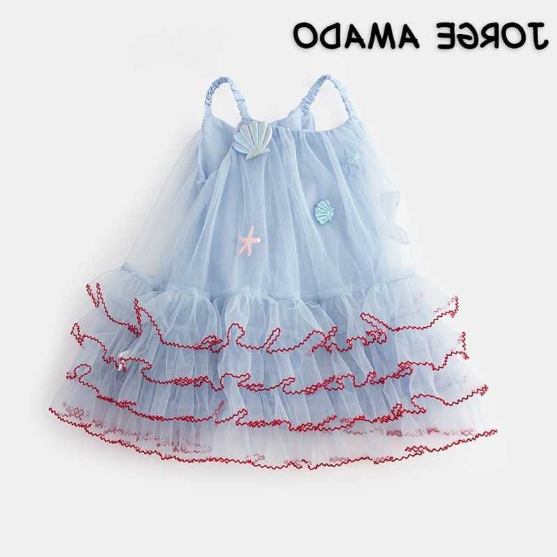 Girls Baby Summer Spaghetti Sleeveless Strap Layered Tutu Dress with Shell Starfish Appliques Kids Party Princess Dresses X5898 S261016VPEY