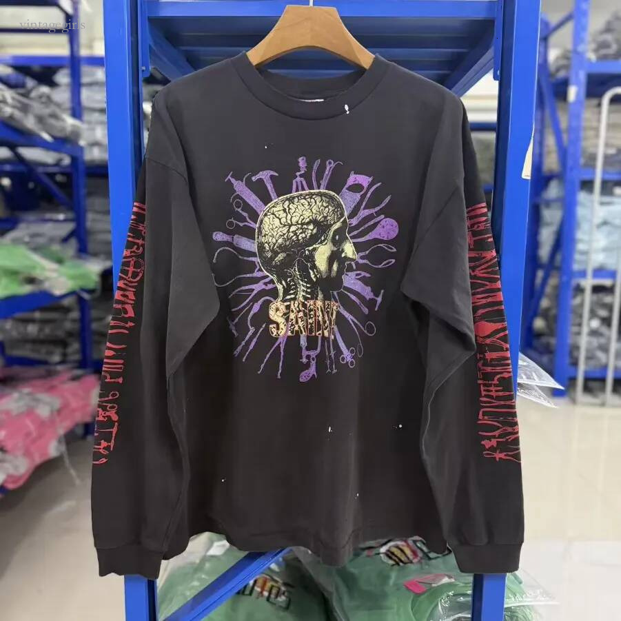 Designer Shirt Men Vintage Washed Black Patterns Long Sleeved T Shirt Men Women Oversized T Shirt Top Tee Autumn Graphic Streetwear Y2k Size S-Xl