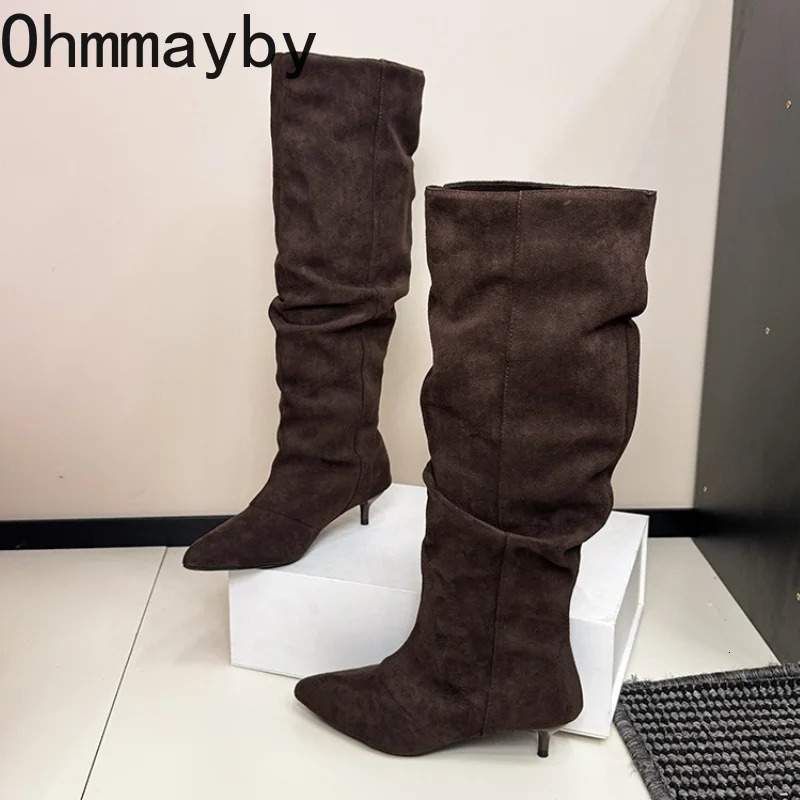 Women Faux Suede Knee High Boots Pointed Toe Thin Stiletto Heel Shoes Vintage Autumn Ladies Daily Long Botas Mujer 261016