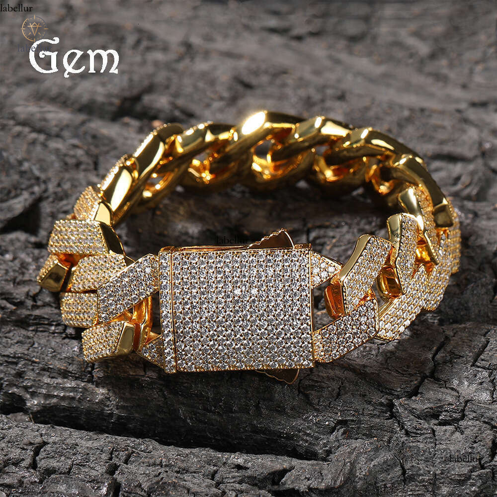 Hip Hop Vintage Cute New 19MM Spring Buckle Four-Row Strip Cuban Bracelet Men's Fashion Full Diamond Hand Jewelry 9