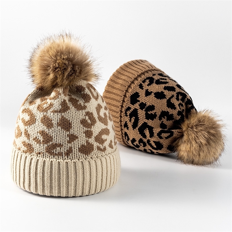 Leopard Print Knit Beanie Hat Large Faux Fur Pompom Cuffed Ribbed Winter Cap Soft Warm Elastic Knitted Headwear for Cold Days 261012