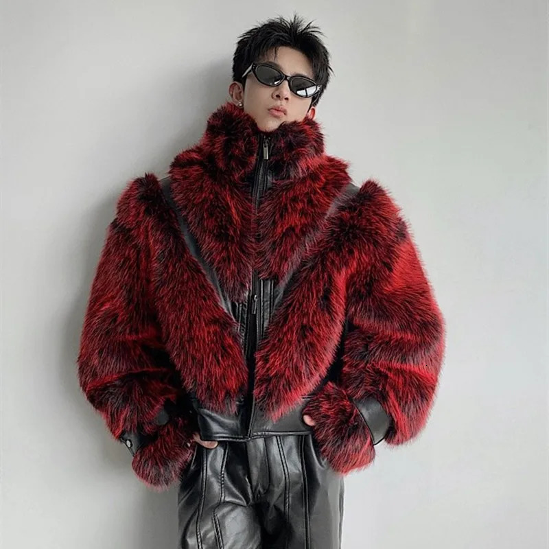 2025 Winter Red Faux Fur Patchwork PU Leather Jacket Man Woman Fashion Elegant Thicken Warmer Coat Furry Short 261014