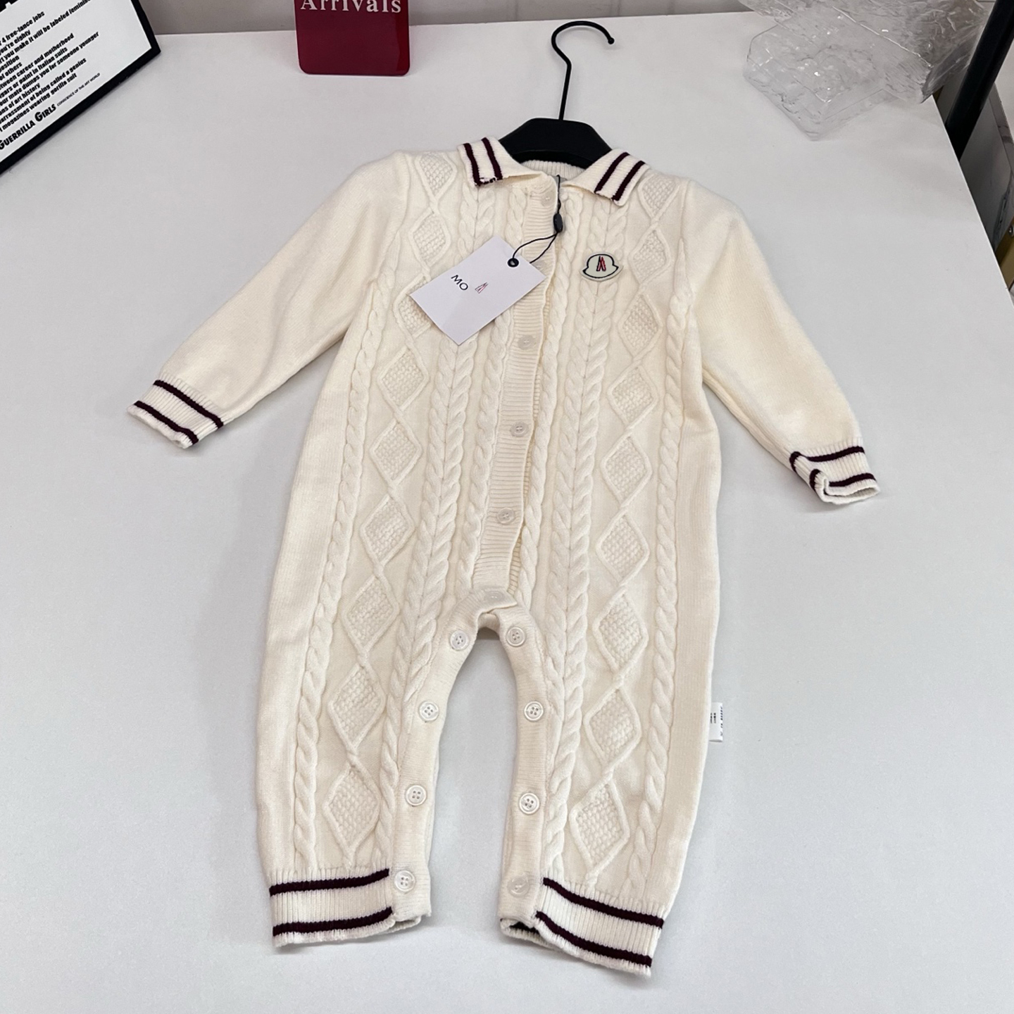 Luxury Designer Baby Knit Romper Newborn Turn Down Collar Cable Knit Striped Trim Long Sleeve Front Button Jumpsuit Infant One Piece Outfit for Todd