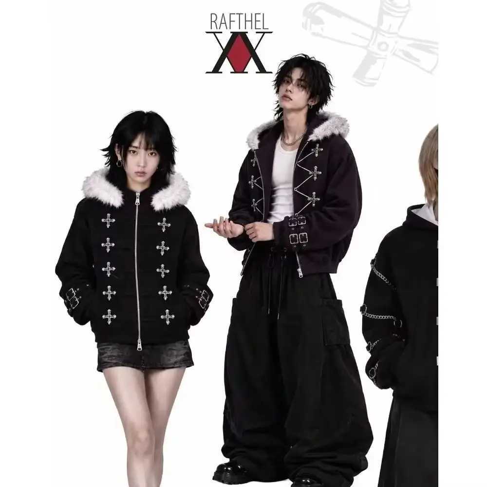 Dark Vintage Men's Purple Jackets Hooded Jacket Faux Fur Collar Cross Skull Rivet Zip Gothic Streetwear Hip Hop High Street Outerwear Coat N261
