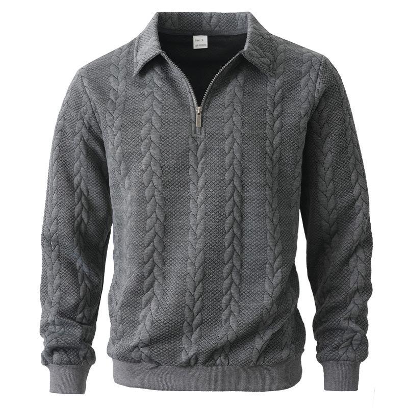 Sweat-shirt à col polo et fermeture éclair pour homme en tissu texturé jacquard à manches longues, coupe ample, polyvalent au quotidien