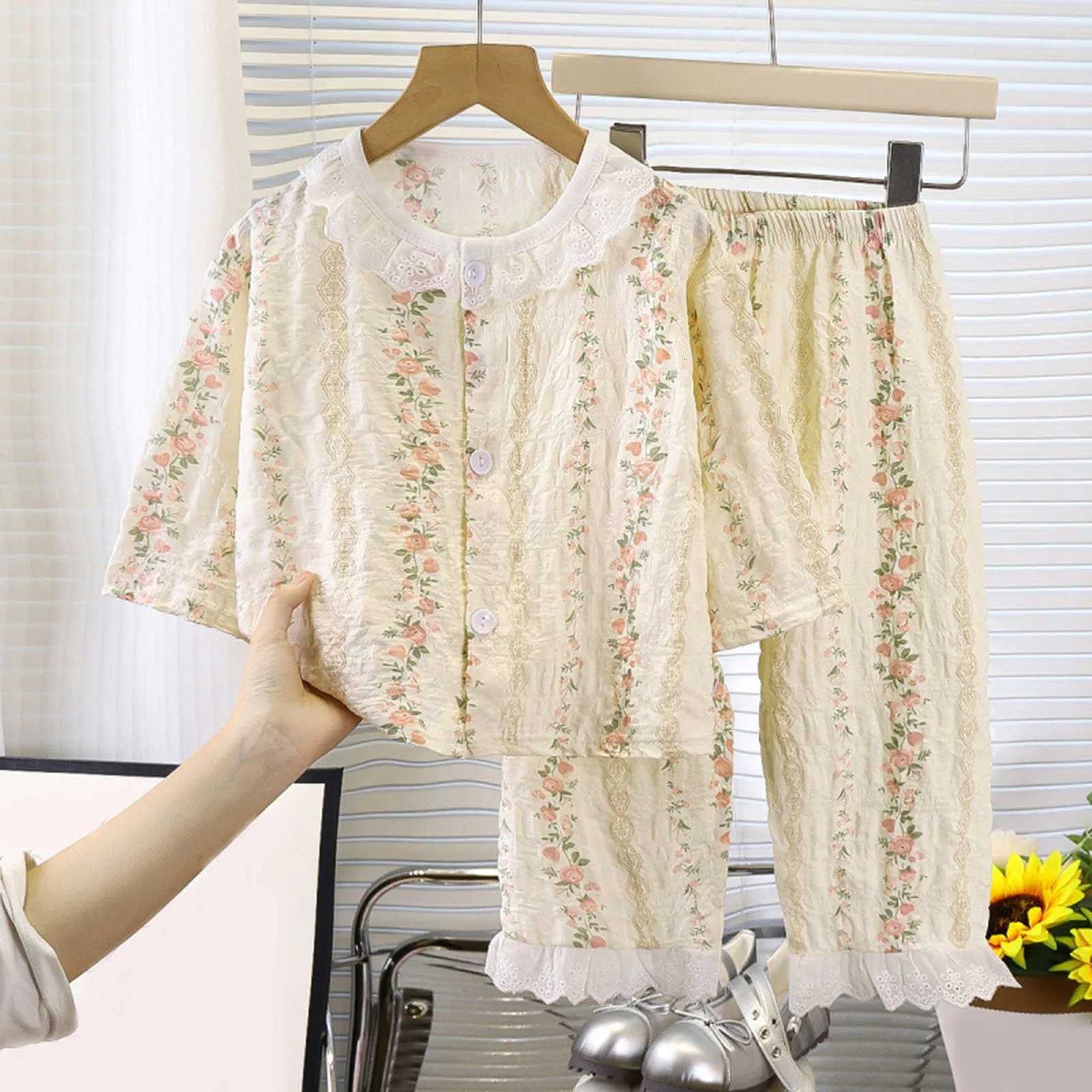 Pajamas Girls' Summer Thin Fabric 3/4 Sle Lace He Wear Air Conditioning Suit Set Boy Girl Clothing Children Fashion SuitsW261019