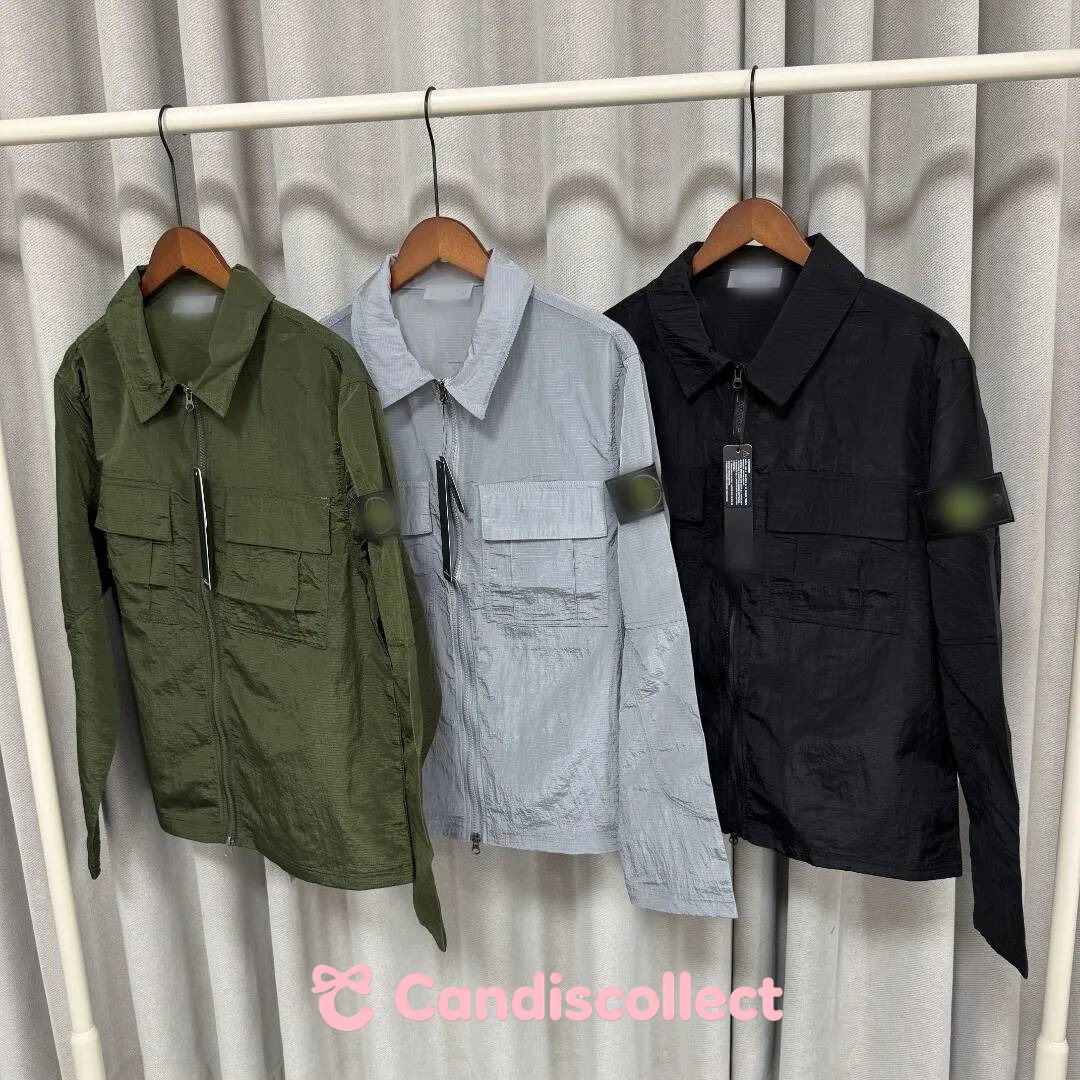 stone 2026 new style stone Men's Nylon Ripstop Overshirt Jacket with Arm Patch Multi Pocket Full Zip Casual Windbreaker stone 7f5