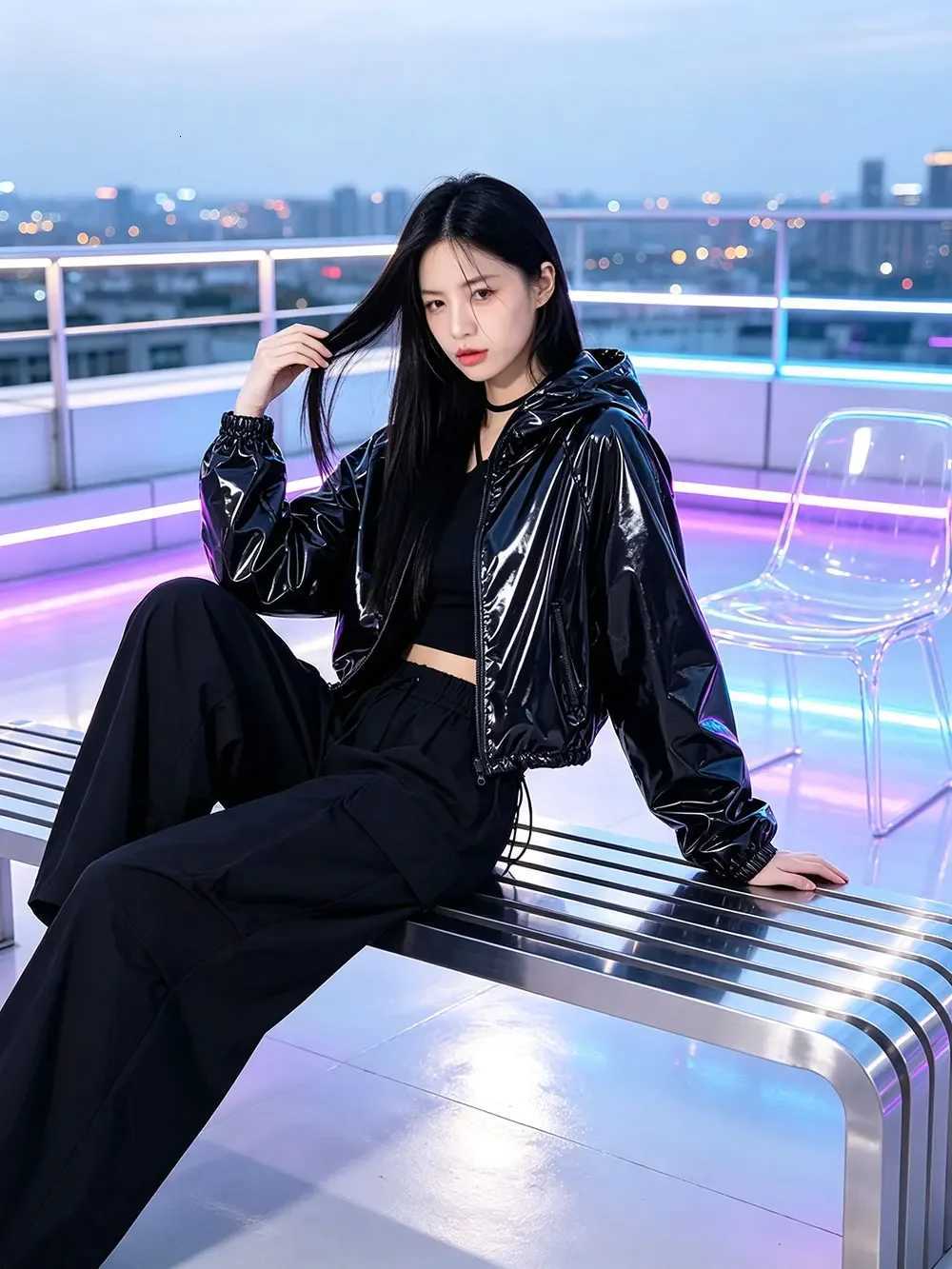Shiny Women's Men's Black Jackets Hooded Puffer Jacket Oversized Waterproof Zip Up Winter Coat Streetwear Padded Windbreaker Techwear Fash