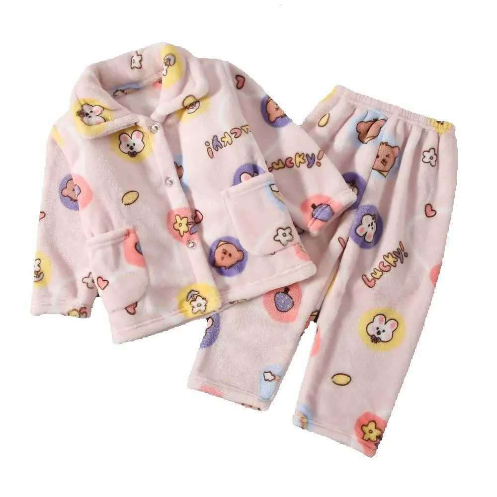 Pajamas 2024 New Winter Flannel Children's Pajamas Sets Cartoon Long Sle Turn-down Colloar Warm Thicken Hewear Pjs Set 0-12YW261019