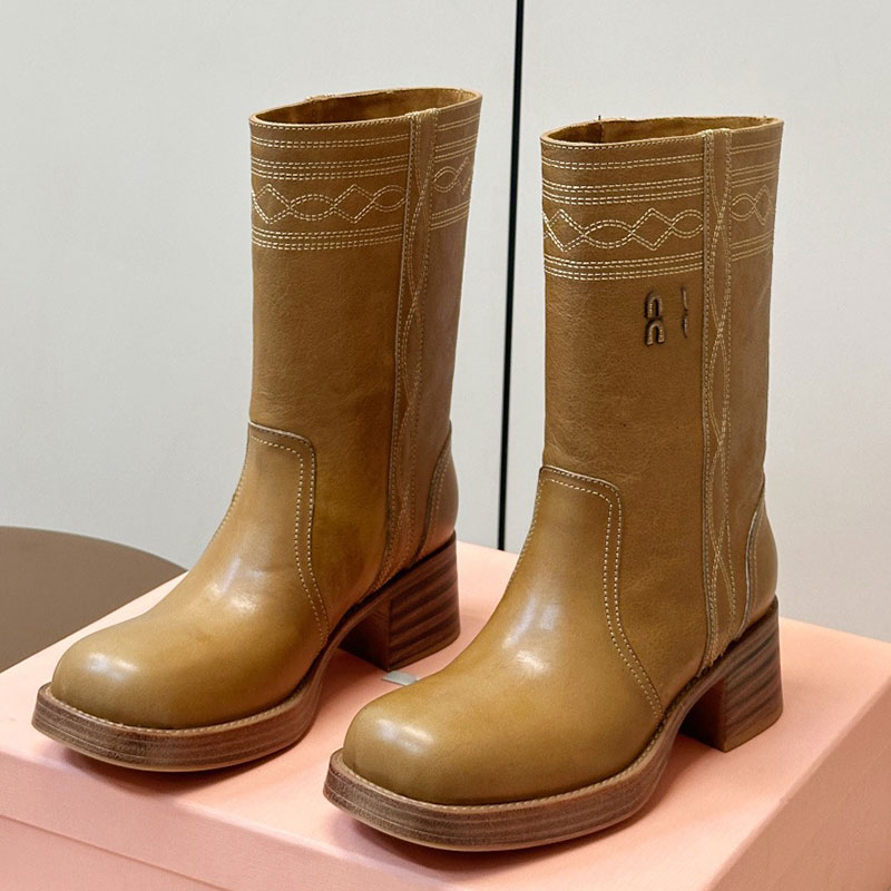 Embroidered Leather Boots Designer Autumn Retro Ankle Boots Luxury Womens Boots Leather Rubber Sole Heel Height 5cm Boots Logo on the Boot Leg Boots