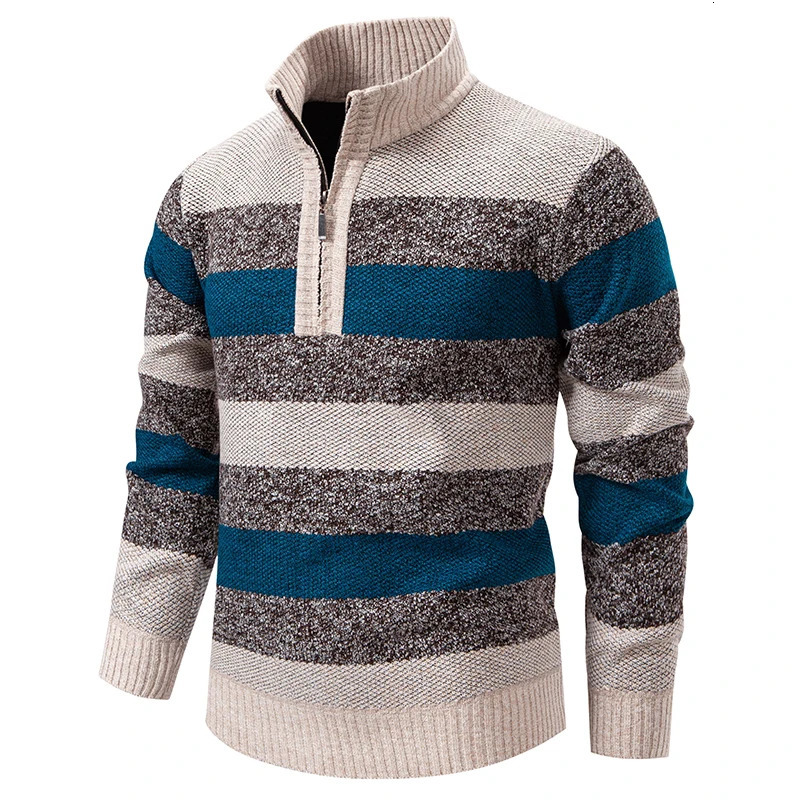 Autumn Winter Knitting Pullovers Men Patchwork Striped Fashion Stand Collar Pull On Knitted Sweater Man Thick Warm Knitwear 261015