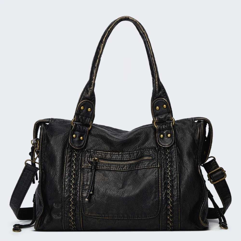 Shoulder Bags SHELKSBAG Women Vintage Washed Faux Leather Tote Bag Braided Large Capacity Detachable Strap Crossbody Motorcycle Bag H261016