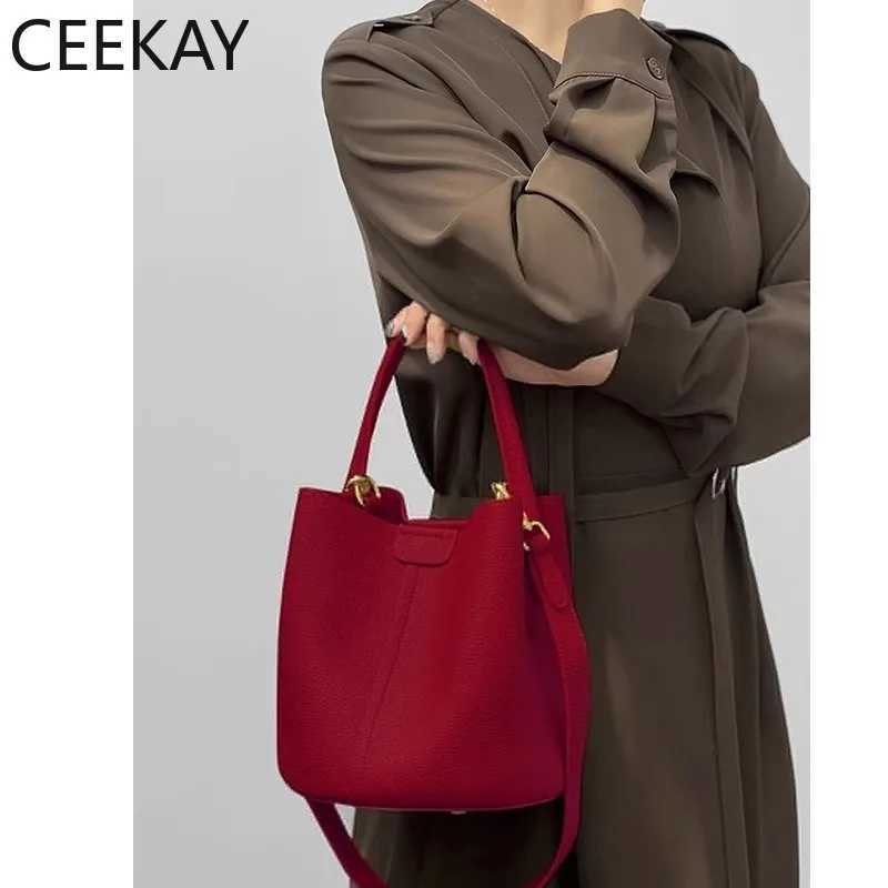 Totes 2026 New CEEKAY Red Leather Bucket Bag Elegant Pebbled Shoulder Bag with Scarf Decor Trendy Handbag for Women Bags for Women X261016