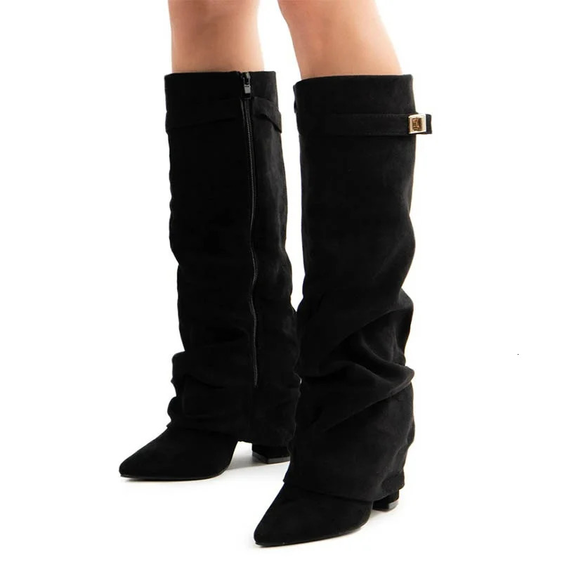 Style Metal Buckle Women's Knee High Boots Pointed Toe Crude Heel Solid Color Female Long Boots Quality Ladies Shoes 261016