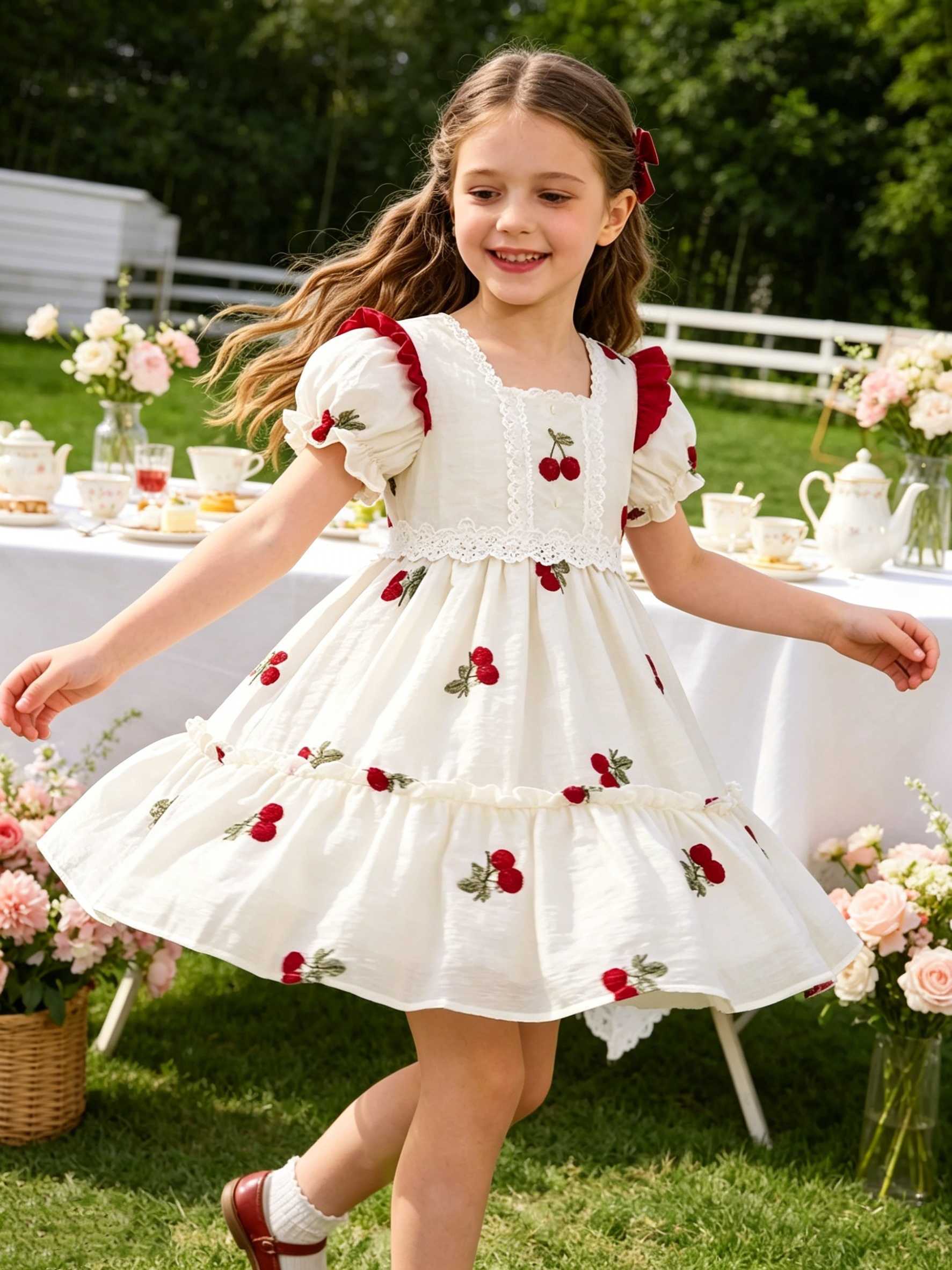New Summer Cherry Embroidery Gentle Style Princess Skirt for Girls Soft Cotton Vintage A-Line Kids Dress S261016RMQW