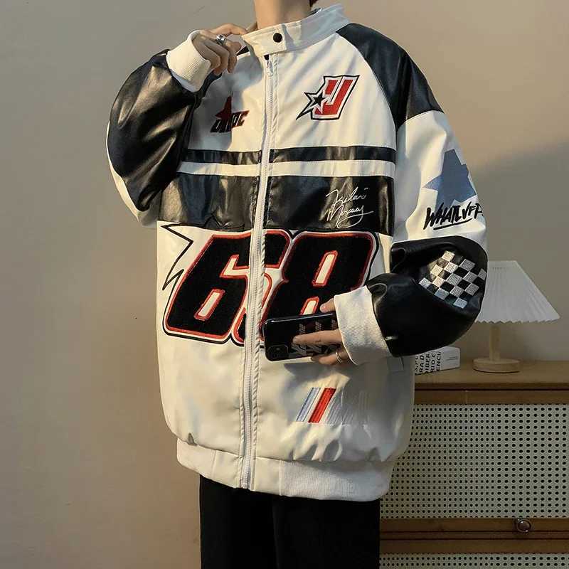 Hip-hop Gmiixder American Men's Jackets Racing Coat Motorcycle Leather Jacket Men's Flocked Embroidery Loose Casual Windproof Punk Vibe Ja