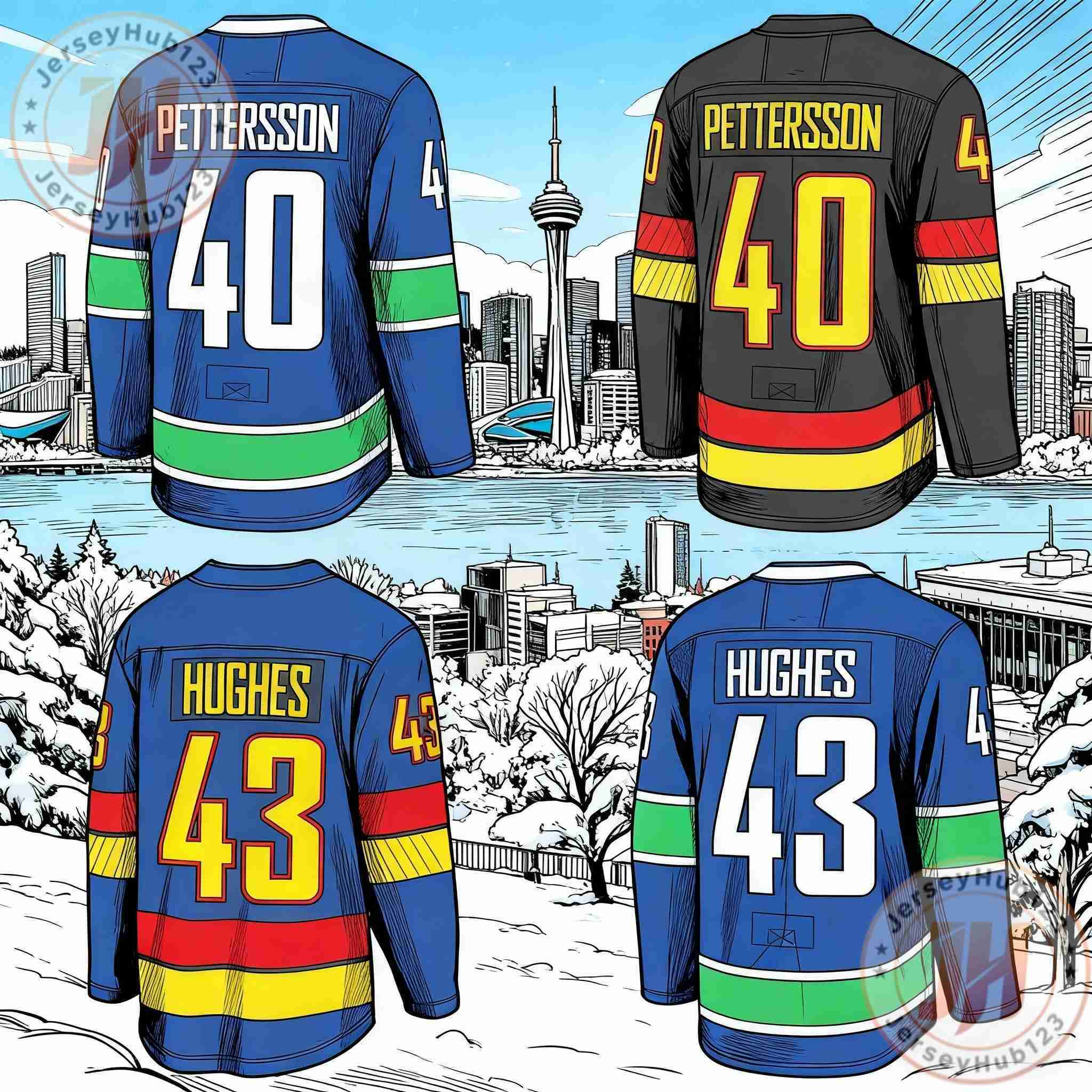 #40 Elias Pettersson #43 Quinn Hughes #6 Brock Boeser Men's Embroidery Ice Hockey Jersey Blue Black Wholesale Hockey Uniform