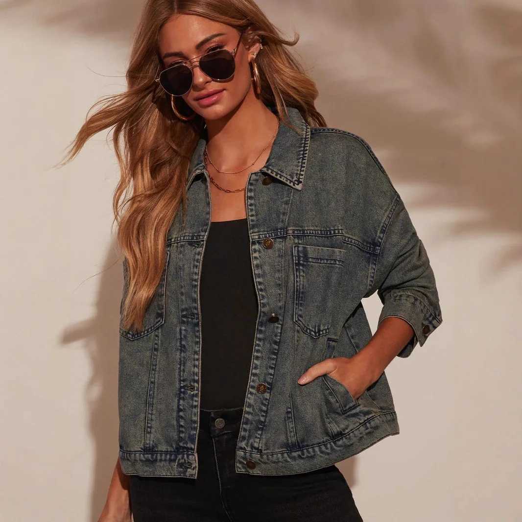 Jackets YJKDYK 2026 Vintage Men's Dark Wash Denim Jacket Women Oversized Loose Drop Shoulder Lapel Jean Streetwear Casual Female Outer Coat N26