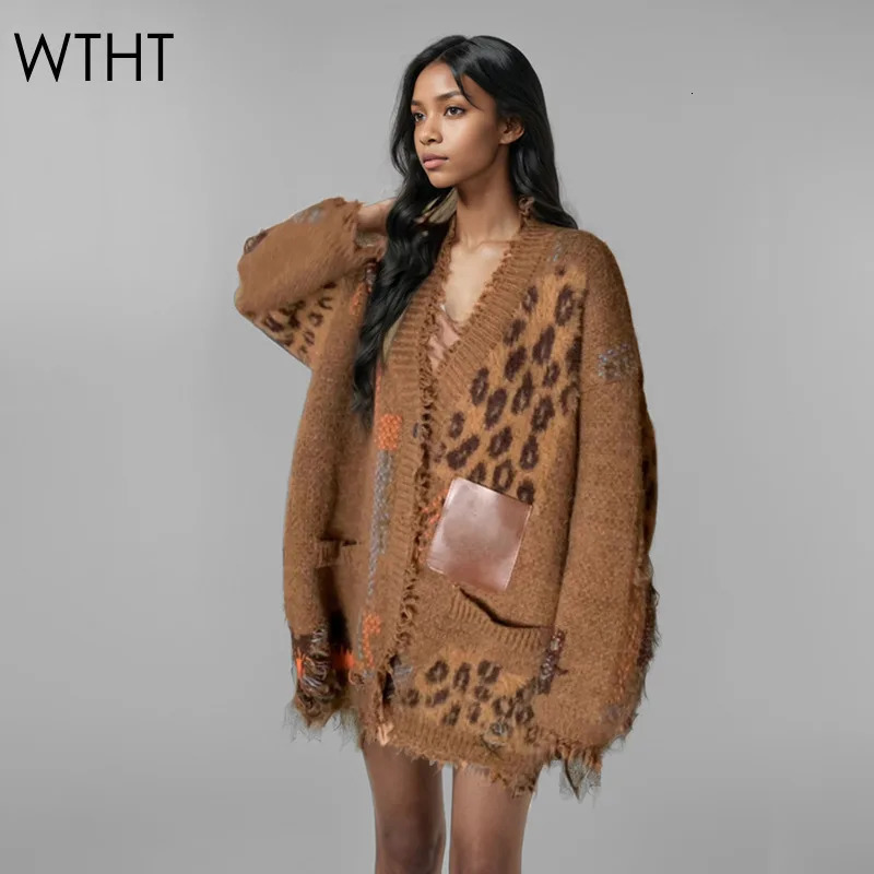 WTHT Trendy Women's Spliced Vintage Leopard Loose Knitted Cardigan Winter Fashion V-neck Long Sweater Female 1LS593 261015