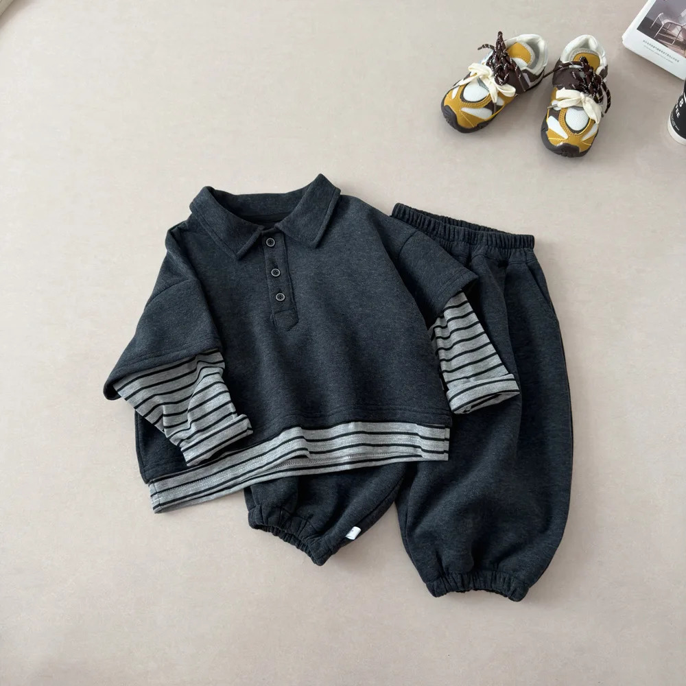 Autumn Children Two Piece Polo Shirt Sets Clothes Boys Girls Striped Patchwork SweatshirtPants 2Pcs Kids Casual Tracksuit261016