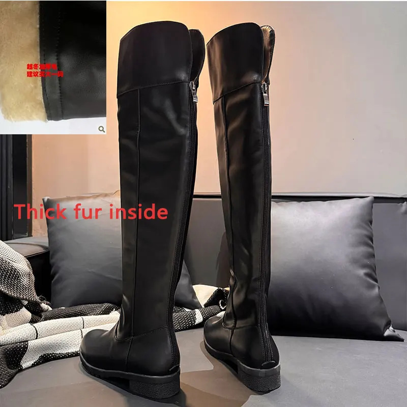 Winter Black Women's Knight Boots Over The Knee Boots Round Toe PU Boots High-top Shoes Chunky Heels 3cm Back Zipper Long Boots 261016