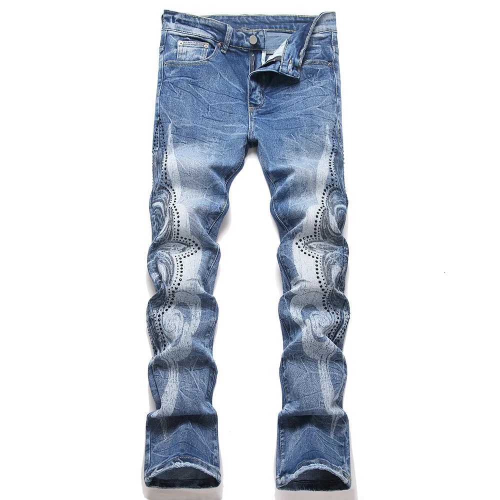 Men's Jeans Men's Boot Cut Denim Jeans Streetwear Rivet Crystal Rhinestone Printed Pants Slim Flared Blue Stretch TrousersT261016