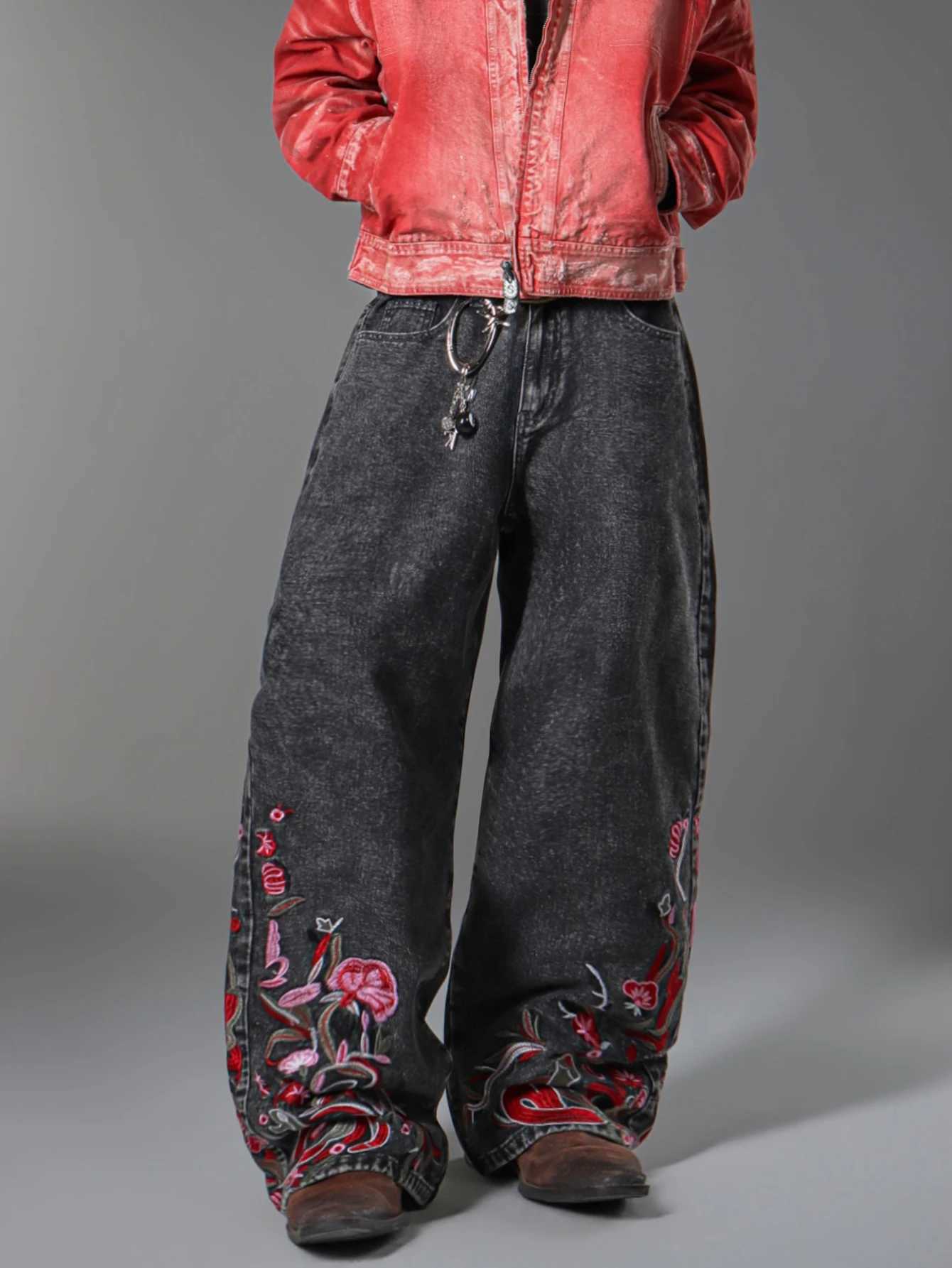 Men's Jeans Men's Retro Artistic Floral Embroidery Design Snow Gray Baggy Jeans Y2K Cool Skate Streetwear Fashion Versatile Wide-Leg Pants