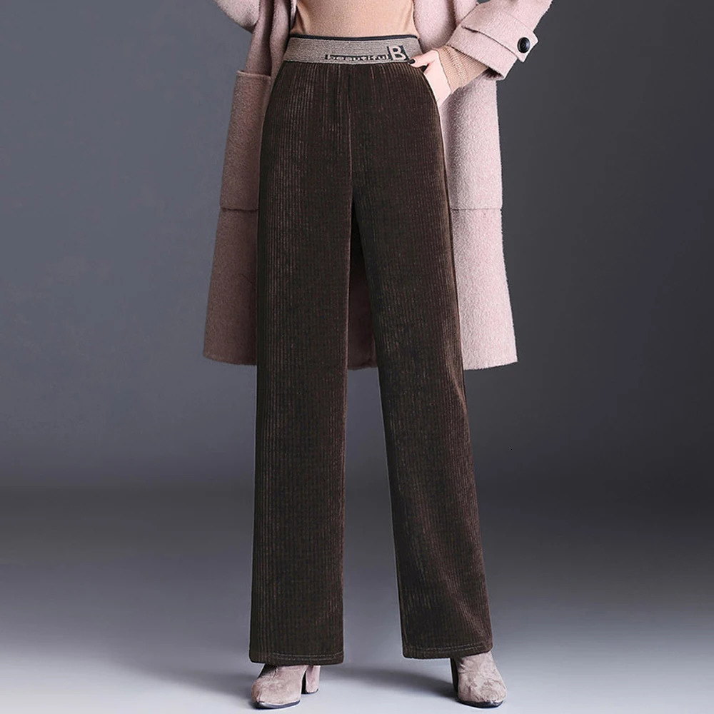 Coffee colored corduroy wide leg women's autumn and winter high waisted plus size women's pants straight leg casual pants 261015