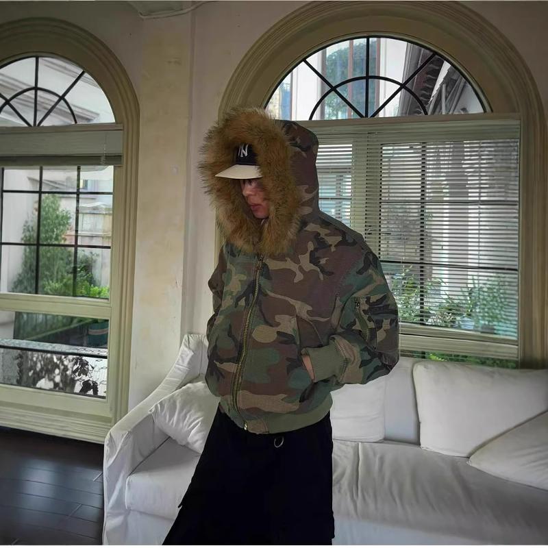 Veste rembourrée en coton camouflage réversible surdimensionnée pour hommes, manteau d'hiver épais doublé de fausse fourrure de lapin avec col en