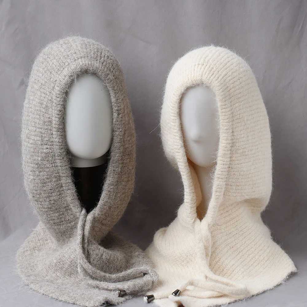 Beanie/Skull Caps Unisex 100%Wool Knitted Balaclava Winter Ear Face Neck Protect One-Piece Scarf Hat Soft Warm Hooded Beanies Twist False Collar Q26