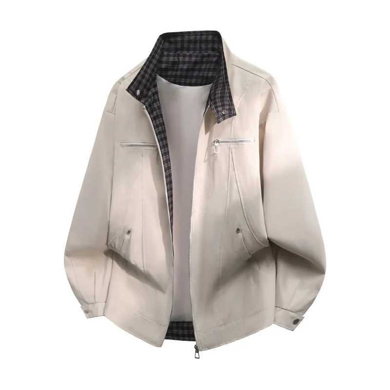 Spring Autumn Men's Fashion Versatile Solid Color Jacket Loose and Comfortable Plaid Stand Up Collar Trendy Breathable Coat S261017SQ93