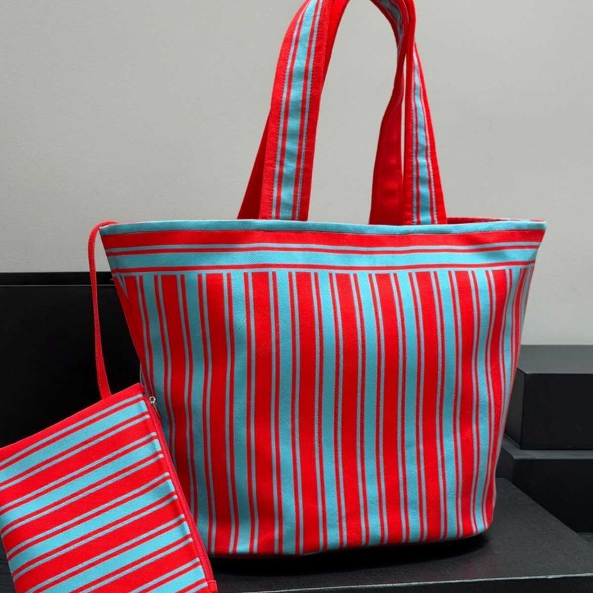 Luxury Designer Striped Canvas Tote Bag Women Red Blue Beach Handbag Large Capacity Shoulder Shopper With Pouch