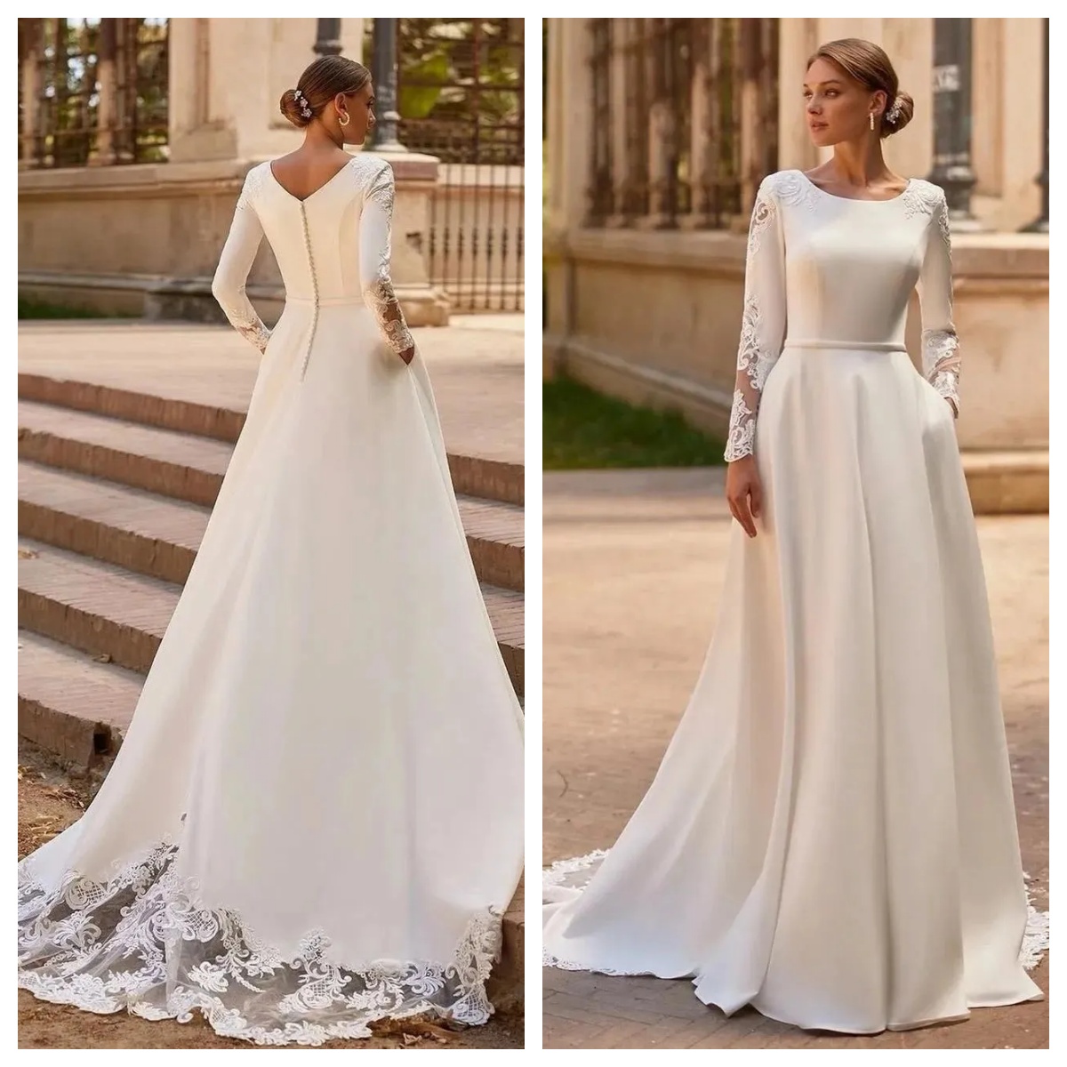 Elegant Simple A Line Wedding Dresses Jewel Neck Satin Long Sleeves Sweep Train Lace Appliques Bridal Wedding Gowns Country Wedding Customize Plus S