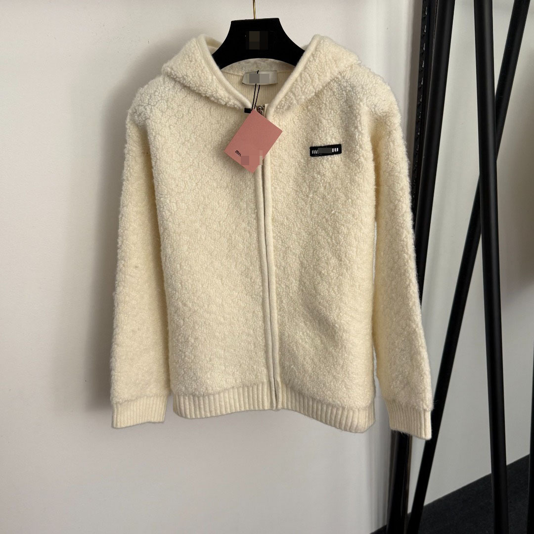 Designer Lazy Style White Lamb Wool Hooded Sweater Coat For Women, Autumn Winter Outerwear, Soft And Loose Knitted Cardigan 0b7a