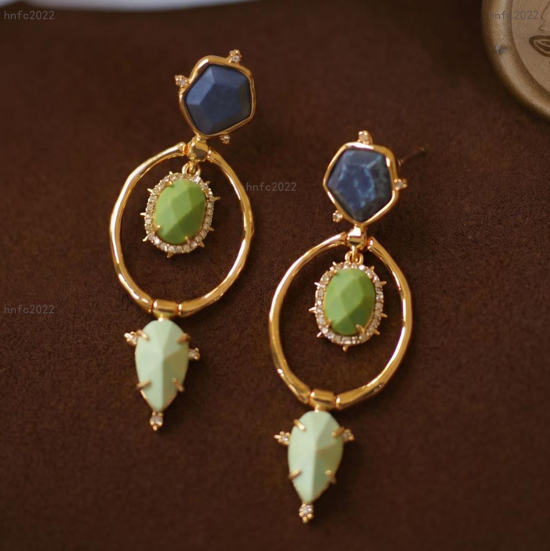 New Designed women luxury Tassels earrings French court style natural gemstones Ear studs copper plated gold AB Cai Designer Jewelry Vintage
