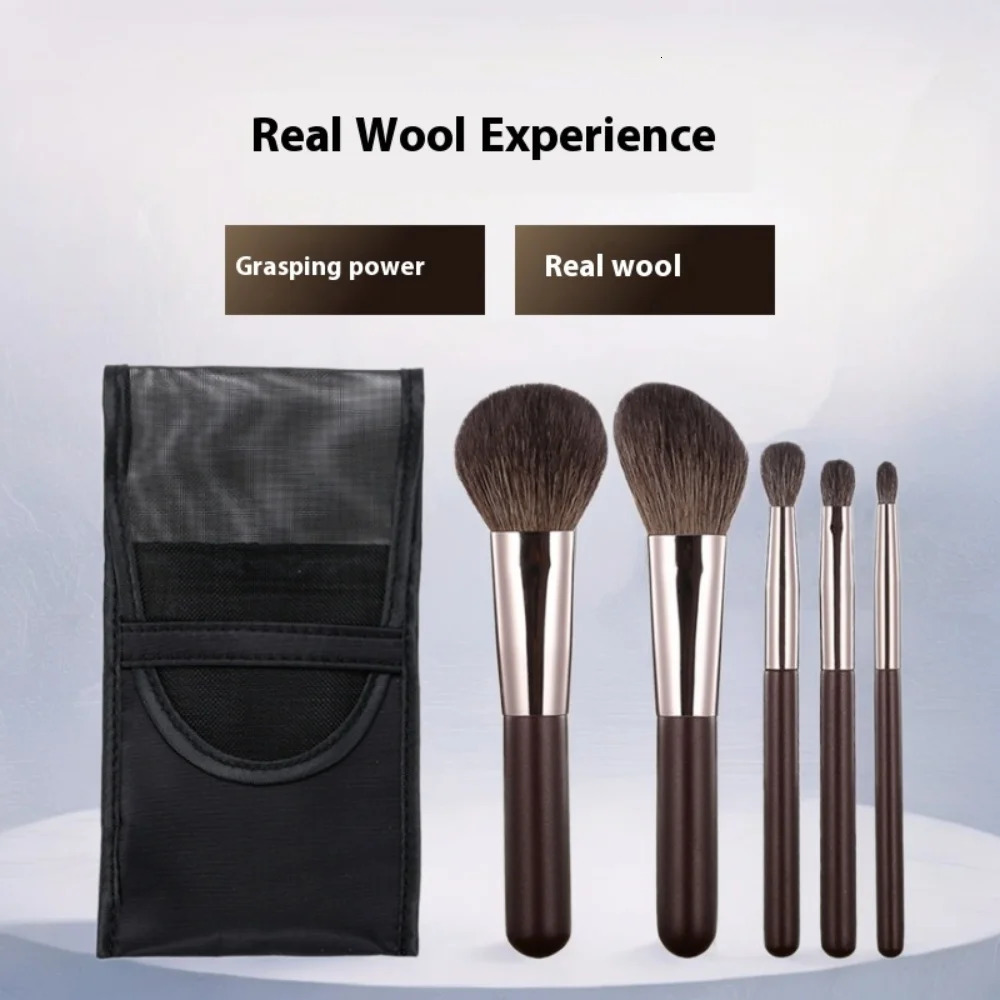 5pcs Travel Size Wool Makeup Brush Set - Powder Contour Eyeshadow Brushes Full Kit Portable Mini Nose Shadow Highlight Brush 261008