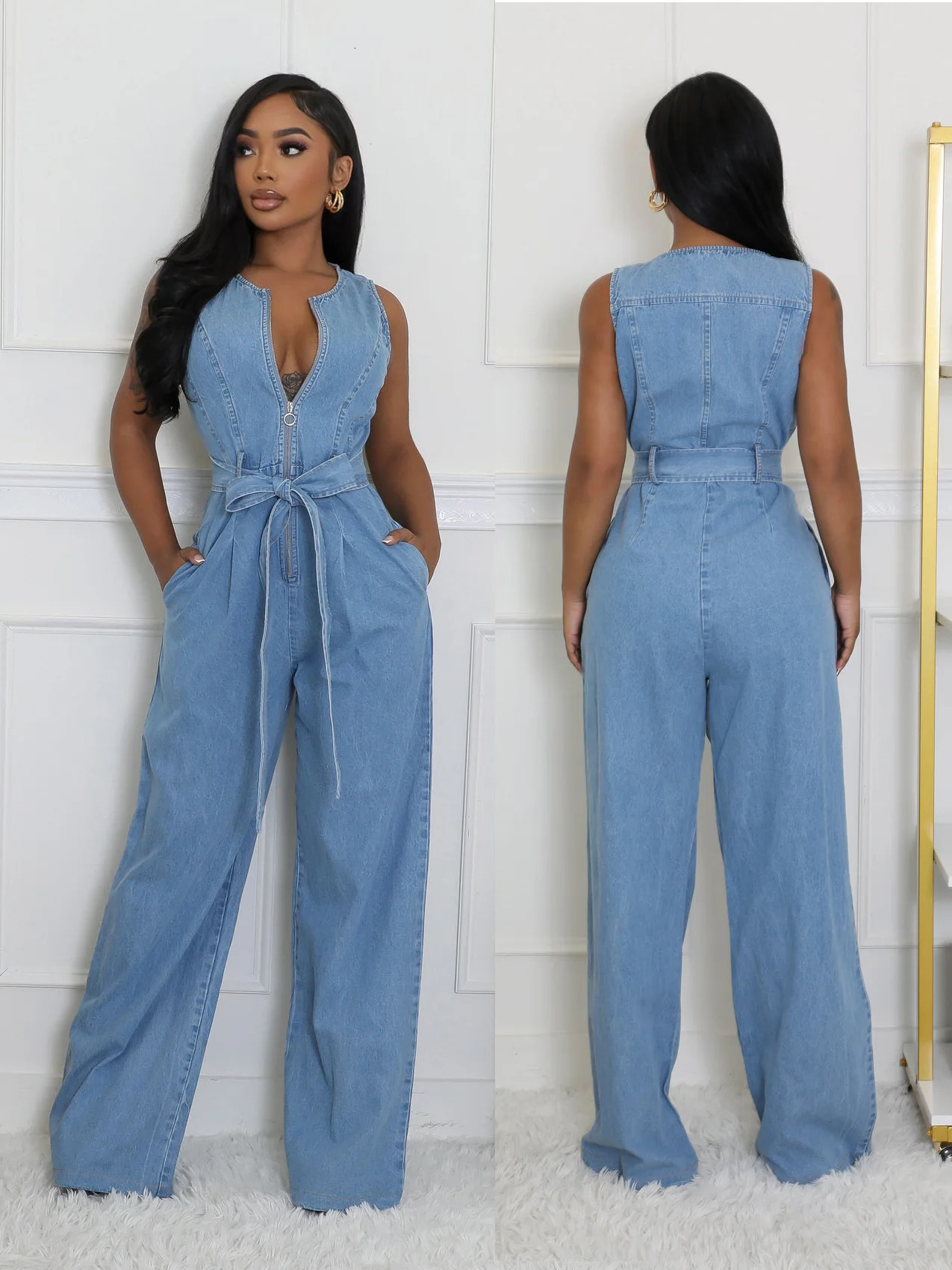 Fashion Women Denim Sleeveless Zipper Fly with Belt Side Leg Jeans Jumpsuit Streetwear Sexy One Piece Suit INS Playsuits 261015