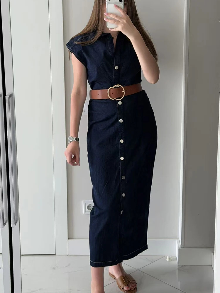 FSMG Fashion Solid Lapel Single Breasted Denim Dress Elegant Sleeveless Pleated Slim Fit Vestidos Office Lady Trendy Clothes 261015