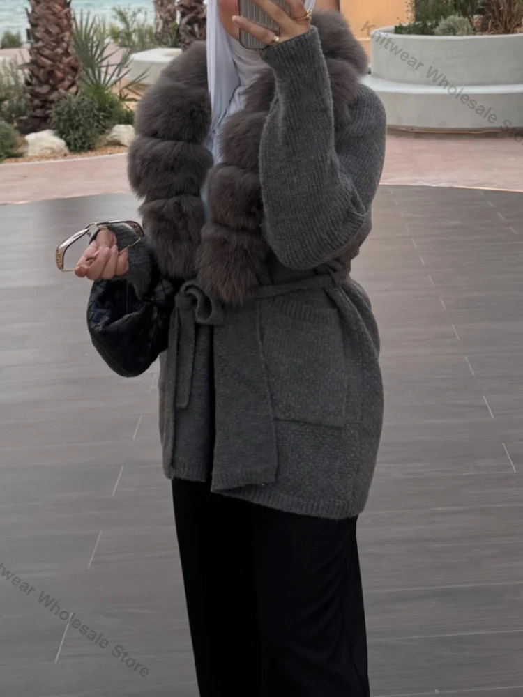 Womens Fur Trim Sweater Winter Fox Fur Coat Knitting Cardigan Women Outwear Long Sleeve Knitwear Fashionable Autumn 261016