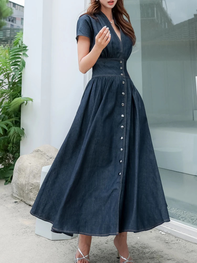 Fashion Jeans Dress V-Neck Short Sleeve Women Summer Casual Loose Female Ladies Sleeveless Denim Dress Korean S102A 261015