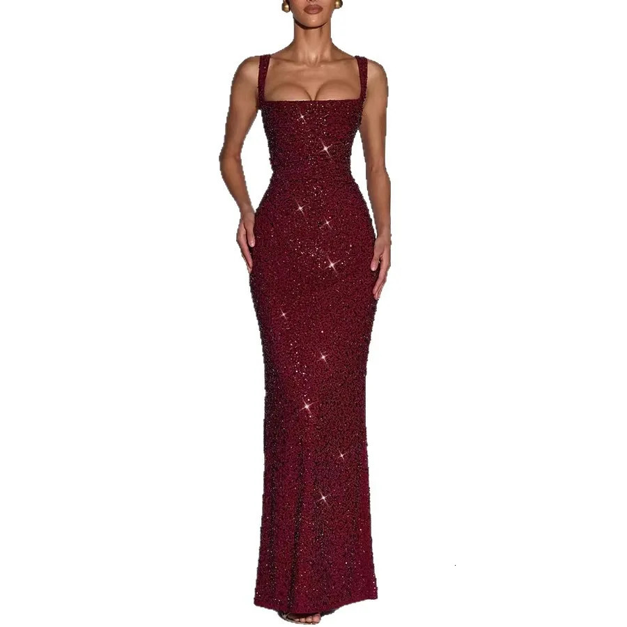 Women's Sequin Maxi Dress Burgundy Square Neck Sleeveless Bodycon Evening Gown Formal Party Prom Cocktail Mermaid Long Dresses 261015