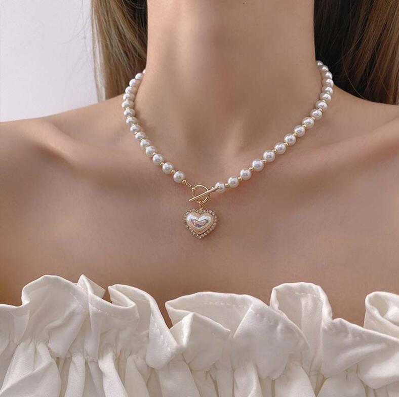 french style elegant pearl necklace for women accessory heart pendant sweet simple ot clasp clavicle chain necklace luxury dainty jewelry