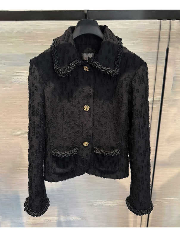 Women's Jackets Designer Autumn and winter black tweed suit with stand-up collar, short jacket, and skirt, chic two-piece set style