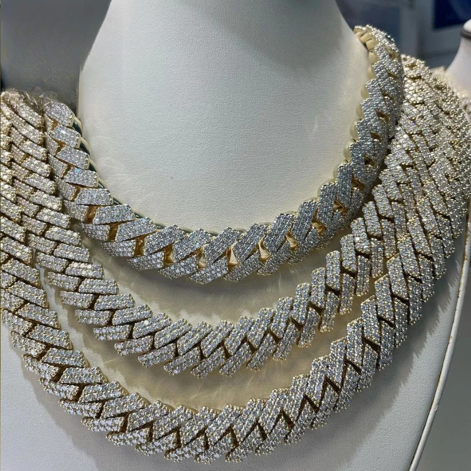Luxury Cubanas Custom 12mm 20mm Gold Plated silver Prong vvs moissanite Diamond Iced Out Cuban Link Chain Hip Hop Necklace for Men