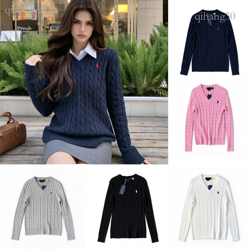 Ralfs Laure Women Designer Pony Embroidery Sweater Luxury Clothes Women V Neck Long Sleeve Solid Color Wool American Style Knitted Polo Sweater Pull