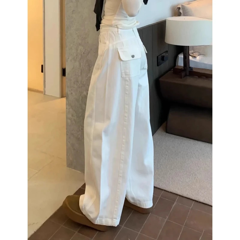 White Wide Leg Cutlass Jeans Women's Spring Loose Straight Leg Long Denim Trousers Casual Streetwear Y2K Style Pants 261015