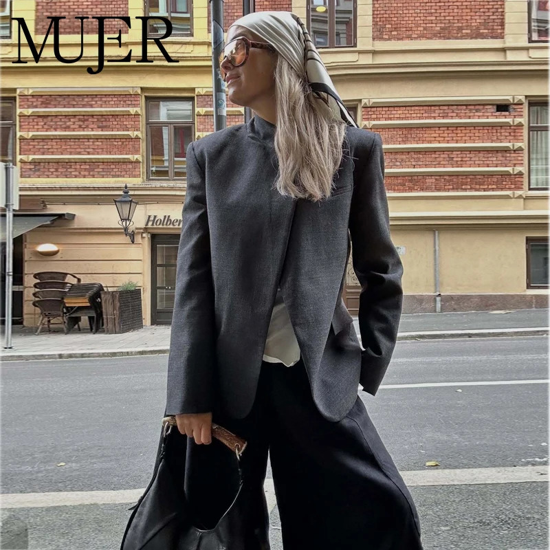 MUJER Women's Tailoring Blazers Vintage Office Blazer Woman Faux Wool Coats for Women Streetwear Outerwears Fitted Jacket Women 261016