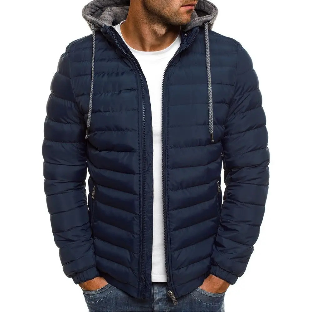 Men Hooded Padded Jacket Zip Up Lightweight Winter Coat Solid Color Casual Warm Outwear With Drawstring Hood 261016