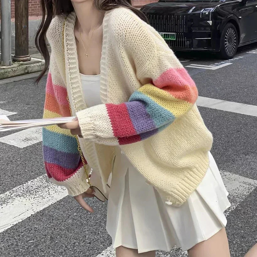 Rainbow Striped Knitted Cardigan for Women Teen-girl Cozy Soft Mohair Button Front Sweater Jacket Winter Autumn Y2K Outfit 261015