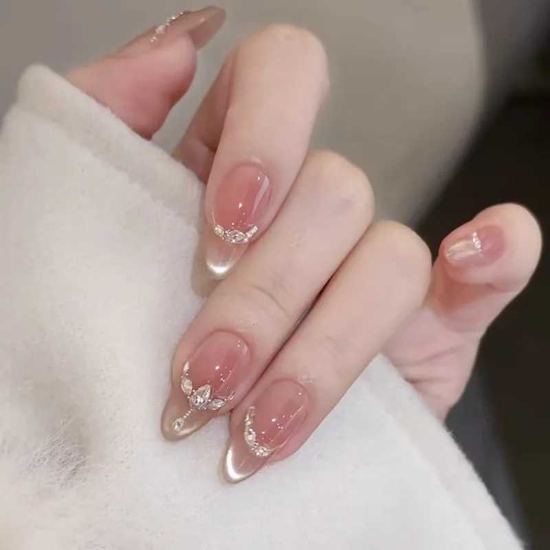 False Nails 24Pcs Cat's Eye Nude Pink Fake Nail Tips Mid-length Almond Press on False Nails with Diamond Wearable Round Head Women Nails Art Q2